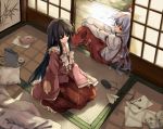  black_eyes black_hair brown_eyes dress fujiwara_no_mokou houraisan_kaguya long_hair multiple_girls neet paper_airplane playstation_portable product_placement psp silver_hair sitting tatami tissue_box touhou xbox_360 xiao_qiang_(overseas) 