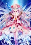  angel angel_wings blue_eyes copyright_name cross feathers flower hair_ornament halo ibara_riato jewelry long_hair official_art pink_hair ribbon rose tagme toutatsu_no_shitenshi_michael watermark wings z/x 