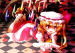  ascot bad_id blonde_hair blood checkered checkered_floor fang flandre_scarlet fuupu hand_on_cheek hand_on_own_cheek hand_on_own_face hat hat_ribbon on_stomach red_eyes ribbon side_ponytail solo stuffed_animal stuffed_bunny stuffed_rabbit stuffed_toy the_embodiment_of_scarlet_devil touhou wings 
