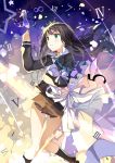  1girl black_hair clothes green_eyes holding idolmaster idolmaster_cinderella_girls kinoshita_neko long_hair pleated_skirt school_uniform shibuya_rin skirt solo tiara 