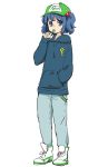  blue_eyes blue_hair candy casual contemporary hair_bobbles hair_ornament hand_in_pocket hat ica kawashiro_nitori key lollipop pinky_out shoes sneakers solo touhou twintails 