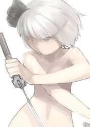  bob_cut bust close-up face hair_ribbon hands katana konpaku_youmu nude ribbon short_hair silver_hair sketch solo sword touhou weapon white_hair yu_65026 