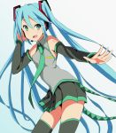  1girl aqua_hair detached_sleeves green_eyes hand_on_headphones hatsune_miku headphones headset kaiman long_hair necktie open_mouth skirt solo thighhighs twintails very_long_hair vocaloid 