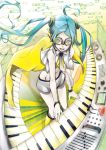  aqua_hair blue_eyes boots bracelet goggles hatsune_miku headphones headset instrument jewelry keyboard keyboard_(instrument) knee_boots long_hair midriff necktie nitto open_mouth project_diva project_diva_2nd shiro_(nitto) solo twintails very_long_hair vocaloid yellow_(vocaloid) 