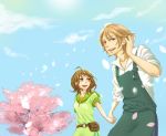  1girl 325_(im24) ahoge angela_(harvest_moon) apron bad_id brown_hair chase_(harvest_moon) couple hair_ornament hairclip hand_holding harvest_moon harvest_moon_tree_of_tranquility holding_hands tree 