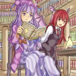  bat_wings book chair crescent hat head_wings koakuma library multiple_girls namiu patchouli_knowledge purple_eyes purple_hair reading red_eyes red_hair sitting the_embodiment_of_scarlet_devil touhou voile wings 