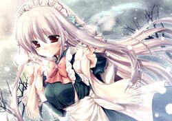  hair_ribbon long_hair maid maid_headdress original red_eyes ribbon scarf shouna_mitsuishi silver_hair snow solo tree very_long_hair 