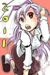  2011 adjusting_hair animal_ears bunny bunny_ears lavender_hair red_eyes reisen_udongein_inaba slippers solo touhou wakie 