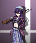  crescent_moon doyouwantto gun hand_on_hip hat hips long_hair navel patchouli_knowledge purple_eyes purple_hair rifle solo touhou violet_eyes weapon 