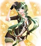  :d bad_id belt fingerless_gloves gloves green_eyes green_hair hat hatsune_miku long_hair mini_top_hat necktie open_mouth shorts smile solo star top_hat twintails very_long_hair vocaloid 