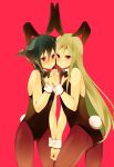  2girls afuro_terumi ai5108 animal_ears bad_id black_hair blonde_hair bowtie brown_eyes bunny_ears bunny_suit bunny_tail bunnysuit genderswap green_hair hand_holding inazuma_eleven inazuma_eleven_(series) long_hair mistorene_callus multiple_boys multiple_girls pantyhose red_eyes short_hair side_ponytail simple_background trap wrist_cuffs 