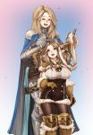  2girls :3 :d =_= armor barbariank bell blush breasts brown_hair cape catalina_(granblue_fantasy) closed_eyes commentary daetta_(granblue_fantasy) doraf gauntlets gloves granblue_fantasy greaves hair_bell hair_ornament heart height_difference highres long_hair multiple_girls open_mouth pauldrons petting pointy_ears smile 