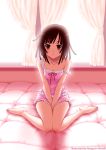  bakemonogatari bare_shoulders barefoot bed between_thighs brown_eyes brown_hair highres horiguchi_hiroshi monogatari_(series) sengoku_nadeko short_hair shorts sitting sleep_wear sleepwear strap_slip v_arms wariza window 