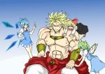  blonde_hair blue_eyes bow broly cirno daiyousei dragon_ball dragon_ball_z dragonball_z dress fire89 green_hair multiple_girls muscle rumia short_hair side_ponytail touhou wings youkai 