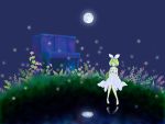  artist_request barefoot blonde_hair closed_eyes dress female fireflies grass hairclip hands_on_chest kagamine_rin moon night piano reflection short_hair sitting vocaloid water 