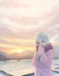  blue_eyes lowres mittens original scarf sky snow solo sunset weno weno's_blonde_original_character 