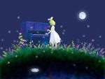  artist_request blonde_hair dress female fireflies grass hairclip kagamine_rin moon night piano sitting vocaloid water 