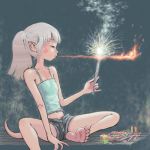  1girl breathing_fire copyright_request demon demongirl feet female fire fireworks flame flat_chest hair lowres magic midriff monster_girl pointy_ears ponytail soles solo sparkler tail white_hair yamak ymr 