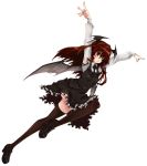  arms_up bat_wings head_wings jumping koakuma koge-owl loafers long_hair outstretched_arms red_eyes red_hair shoes solo the_embodiment_of_scarlet_devil thigh-highs thighhighs touhou wings 