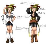  alternate_costume alternate_hairstyle bike_shorts blonde_hair boots bow breasts cleavage hair_bow hand_on_hip highres kneehighs kurodani_yamame large_breasts open_mouth partially_translated shirt short_hair simple_background tamuhi touhou translation_request white_shirt yellow_eyes 