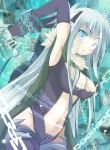  aqua_eyes armpits arms_up artist_request bad_id breasts chain chains cleavage dragon_girl grey_hair long_hair midriff mishima_kurone monocle monster_girl original solo source_request thighhighs very_long_hair 