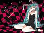  :d animal_ears ankle_cuffs aqua_hair arm_support barefoot bunny_ears cable chain chains checkered collarbone dress fingernails hatsune_miku headphones highres long_hair nail_polish nanase_mizuki open_mouth red_eyes scar sitting smile solo stitches twintails very_long_hair vocaloid 