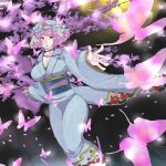  butterfly cherry_blossoms foreshortening hat highres japanese_clothes kimono nobody-knows outstretched_arm outstretched_hand saigyouji_yuyuko solo touhou 