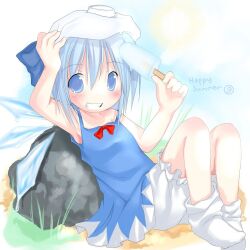  1girl 2000s_(style) bare_shoulders blue_dress blue_eyes blue_hair blue_wings blush bowtie canihavepromo child cirno english english_text female female_child food grass hand_on_own_head holding holding_food holding_popsicle ice_pack ice_wings light_blue_eyes light_blue_hair loli number pale_skin popsicle puffy_shorts red_bowtie rock shorts shorts_under_dress smile socks solo summer sun text touhou white_shorts white_socks wings 