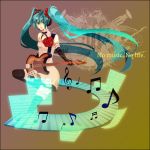  aqua_eyes aqua_hair bad_id black_legwear dress drum drum_set elbow_gloves flower gloves guitar hatsune_miku headset instrument keyboard keyboard_(instrument) long_hair musical_note s_kana81 sheet_music solo thighhighs trumpet twintails very_long_hair violin vocaloid 