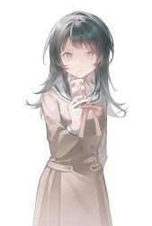  1girl bang_dream! bang_dream!_it's_mygo!!!!! black_hair brown_dress chinese_commentary commentary_request dress drinking_straw drinking_straw_in_mouth hanasakigawa_school_uniform highres holding_carton long_hair long_sleeves looking_at_viewer neck_ribbon red_ribbon ribbon sailor_collar sailor_dress school_uniform simple_background solo waeoo white_background white_sailor_collar yahata_umiri 