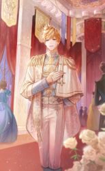  2girls 3boys aiguillette arm_behind_back artist_request banner blonde_hair blue_eyes blue_shirt buttons cloak collared_shirt crown curtains dress_pants epaulettes flower game_cg gold_crown hair_between_eyes hallway hand_on_own_chest high_collar highres indoors layered_sleeves light_particles loen_(shining_nikki) long_sleeves looking_at_viewer male_focus multiple_boys multiple_girls nikki_(series) official_art open_mouth pants prince prince_&amp;_gold_rose_(shining_nikki) rose shining_nikki shirt short_hair single_epaulette smile solo_focus white_cloak white_flower white_pants white_rose window 