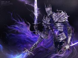  1boy armor black_background cape cowboy_shot dagger elden_ring elden_ring_nightreign english_commentary extra_arms floating_cape gauntlets glowing glowing_sword glowing_weapon gradient_cape great_rune_(elden_ring) greatsword hand_up helmet heolstor_the_nightlord holding holding_dagger holding_knife holding_sword holding_weapon knife looking_to_the_side male_focus multiple_swords pauldrons pii0iip purple_cape reverse_grip shoulder_armor solo spiked_helmet standing sword triple_wielding weapon 