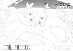  2girls barefoot cardcaptor_sakura clone flower green_eyes kinomoto_(nazonoinu) kinomoto_sakura looking_at_viewer lying multiple_girls on_side pajamas short_hair sketch spot_color 