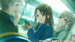  3girls ^_^ bandaid bandaid_on_face bandaid_on_forehead black_hair blue_eyes blue_shirt blush bob_cut breasts brown_jacket cellphone charm_(object) checkered_clothes checkered_shirt clenched_hand closed_eyes closed_mouth collarbone collared_shirt company_name from_behind green_shirt green_vest grey_hair hair_down hand_on_own_chest hand_up holding holding_phone idolmaster idolmaster_shiny_colors jacket long_hair long_sleeves mature_female mitsumine_yuika multiple_girls no_eyewear official_art open_mouth outdoors parted_bangs phone ponytail sailor_collar shirt short_hair sidelocks sitting smartphone smile striped_clothes striped_shirt train_station train_station_platform upper_body vest violet_eyes white_sailor_collar white_shirt yukoku_kiriko 