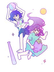  +_+ 1boy 1girl :d ^_^ aqua_dress arms_up aubrey_(headspace)_(omori) aubrey_(omori) ball bare_legs bare_shoulders barefoot baseball_bat beachball bra_strap bright_pupils checkered_clothes checkered_shirt closed_eyes dress floating_hair full_body grin highres holding holding_ball holding_beachball holding_stuffed_toy jumping kel_(headspace)_(omori) kel_(omori) long_hair looking_down mr._plantegg_(omori) omori open_mouth pale_skin purple_hair purple_shorts pyoppyop_omori shirt short_hair short_sleeves shorts simple_background sleeveless sleeveless_shirt smile sparkle stuffed_eggplant stuffed_toy toes tongue v-shaped_eyebrows very_long_hair violet_eyes white_background white_pupils 