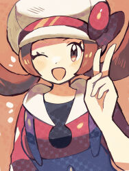  ;d anidler91 blue_overalls bow brown_eyes brown_hair eyelashes hat hat_bow highres looking_at_viewer lyra_(pokemon) newsboy_cap one_eye_closed open_mouth overalls pokemon pokemon_hgss red_bow red_shirt shirt smile twintails upper_body v white_hat 