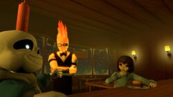  16:9 1other 2017 2boys 3d ambiguous_gender bartender black_bowtie black_vest blue_jacket blue_pants blue_sweater bowtie brown_hair burger child counter crossed_arms digital_media elemental_(creature) fire_elemental flaming_head food frisk_(undertale) glasses grillby hood hood_down hooded_jacket horizontal-striped_clothes human humanoid in-universe_location indoors jacket ketchup_bottle lamp male male_focus male_only monster monster_boy multiple_boys no_mouth open_clothes open_jacket orange_skin pants pink_stripes plate red_eyes restaurant sans_(undertale) shirt short_hair skeleton striped_clothes striped_sweater sweater teeth trio two-tone_sweater undead undertale uniform unusually_open_eyes upper_body utdr_(toby_fox) vest wall_lamp white_shirt window winxomatique 