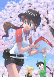  3girls ahoge arm_up belt belt_pouch black_belt black_hair black_shorts black_sweater blonde_hair blue_sky box braid breasts can cherry_blossoms closed_eyes collared_shirt delivery employee_uniform falling_petals fast_food_uniform glasses green_eyes green_hoodie hair_between_eyes hamachi_(masuki) hand_up hands_up highres holding holding_box holding_can hood hoodie leaning_forward long_hair looking_to_the_side masuki medium_breasts multiple_girls nerima_mari open_mouth original outdoors parted_lips petals pink_petals pizza_box pizza_delivery ponco_(masuki) ponytail pouch round_eyewear searching shirt short_shorts shorts sky smile standing sweater tree turtleneck turtleneck_sweater twin_braids twintails waving 