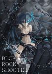  arm_cannon bikini_top black_hair black_rock_shooter black_rock_shooter_(character) blue_eyes boots chain chains elbow_gloves gloves glowing glowing_eyes huge_weapon long_hair midriff navel scar shorts solo twintails weapon yato 