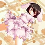  animal_ears bloomers blush brown_eyes bunny_ears dress dress_lift dutch_angle from_below inaba_tewi sesield short_hair solo touhou upskirt 