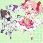  bow breasts choker cleavage crossover dress footwear gloves hair_bow hair_ribbon infinite_stratos jewelry kaname_madoka kneehighs magical_girl mahou_shoujo_madoka_magica makacoon open_mouth pink_eyes pink_hair puffy_sleeves ribbon season_connection shinonono_houki shoes short_hair short_twintails socks twintails 