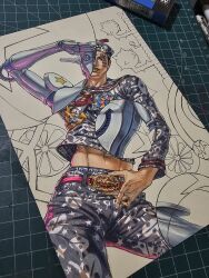  1boy 1other abs anchor_ornament armor art_tools_in_frame belt belt_buckle bubble buckle character_print compass_rose dixie_cup_hat english_commentary facial_mark fish_ornament green_lips grey_hat grey_pants grey_sailor_collar grey_shirt hat higashikata_josuke_(jojolion) highres humanoid_robot jojo_no_kimyou_na_bouken jojolion locacaca long_sleeves makeup male_focus marker marker_(medium) maya_panda midriff military_hat navel neckerchief official_alternate_costume pants photo_(medium) pink_belt red_neckerchief robot rock sailor sailor_collar sailor_hat salute shirt shoulder_armor soft_&amp;_wet solo split_theme stand_(jojo) star_(symbol) star_print teeth traditional_media unfinished 