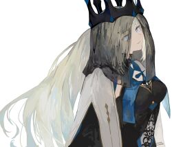  1girl black_dress blue_eyes crown dress fate/grand_order fate_(series) hair_between_eyes highres looking_at_viewer morgan_le_fay_(fate) morgan_le_fay_(queen_of_winter)_(fate) ponytail simple_background solo spikes surume_(su1193) two-tone_dress veil white_background white_hair 