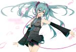  aqua_eyes aqua_hair detached_sleeves hatsune_miku highres long_hair necktie open_mouth petals simple_background skirt solo vocaloid yuna_(ssbgmsss) 