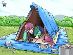  1girl alcohol_carton animal_crossing:_new_horizons black_bow blush bocchi_the_rock! bow braid bucket_hat camping closed_eyes drooling drunk fang grass hair_bow hair_over_shoulder hat hiroi_kikuri ikayaki lying on_stomach open_mouth outdoors purple_hair rock single_braid solo tent timestamp torako_(toramaru) twitter_username unworn_hat unworn_headwear user_interface watermark 