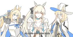  3girls aesc_(fate) aesc_(rain_witch)_(fate) aesc_(savior)_(fate) animal_ears black_bow black_gloves blonde_hair blue_choker blue_eyes blush bow braid choker closed_eyes fate/grand_order fate_(series) fur_trim glasses gloves hair_between_eyes hair_bow half_up_braid hat long_hair long_sleeves morgan_le_fay_(fate) morgan_le_fay_(second_ascension)_(fate) multiple_girls multiple_persona ponytail rabbit_ears simple_background single_braid white_background white_hair witch_hat xs0z05wxzb52697 