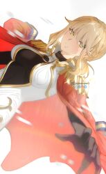  1girl 86_-eightysix- absurdres bilingual_commentary black_gloves blonde_hair breasts dutch_angle epaulettes gloves green_eyes highres jacket jacket_on_shoulders knowname lerche_(eightysix) looking_at_viewer medium_breasts mixed-language_commentary parted_lips red_jacket simple_background solo twitter_username upper_body white_background 