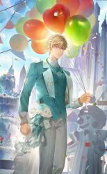  1boy ace_(playing_card) ace_of_spades adapted_costume aqua_bow aqua_bowtie aqua_jacket aqua_skirt aqua_vest artist_request balloon blazer blonde_hair blue_eyes blue_sky bow bowtie buttons card castle clenched_hand closed_mouth clouds clown clown&#039;s_welcome_(shining_nikki) collared_jacket collared_shirt confetti cowboy_shot cropped_jacket day diamond_print dress_pants dress_shirt formal_clothes fountain game_cg garland_(decoration) girly_boy grey_pants hair_between_eyes happy heart_balloon highres holding holding_balloon jacket lapels lips loen_(shining_nikki) long_skirt long_sleeves looking_ahead male_focus messy_hair nikki_(series) notched_lapels official_art outdoors pants playing_card shining_nikki shirt short_hair showgirl_skirt skirt sky sleeve_cuffs smile solo spade_(shape) standing suit traditional_bowtie tuxedo vest white_shirt white_sleeve_cuffs 