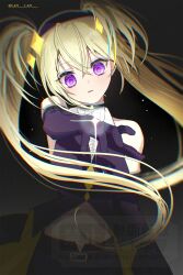  1girl black_gloves blonde_hair choker chromatic_aberration commentary_request dark_jewel elbow_gloves floating_hair gloves hair_between_eyes hairband highres hoshina_utau korean_commentary lan_lan magical_girl making-of_available outstretched_arm sash shugo_chara! sidelocks solo sparkle twintails twitter_username violet_eyes 