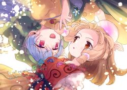  2girls :d apron biyon black_sash blonde_hair blue_flower blue_hair commentary_request flower green_apron green_headscarf grey_shirt haniyasushin_keiki headscarf jewelry long_hair looking_at_viewer magatama magatama_necklace medium_hair multiple_girls necklace open_mouth orange_eyes parted_lips puffy_short_sleeves puffy_sleeves red_eyes red_vest sash shirt short_sleeves skirt smile tamatsukuri_misumaru touhou upside-down vest watermark yellow_shirt yellow_skirt 